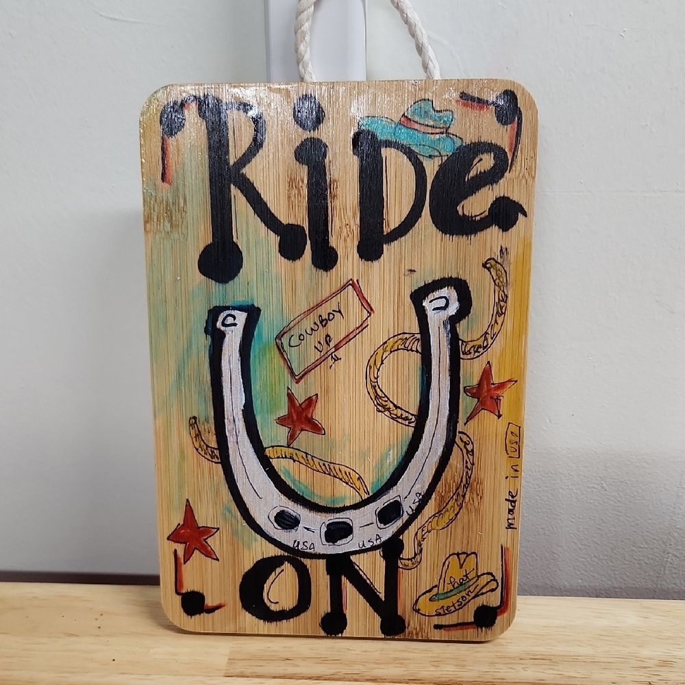 Handcrafted Wooden Sign RIDE On with Horseshoe Design Western Cowboy